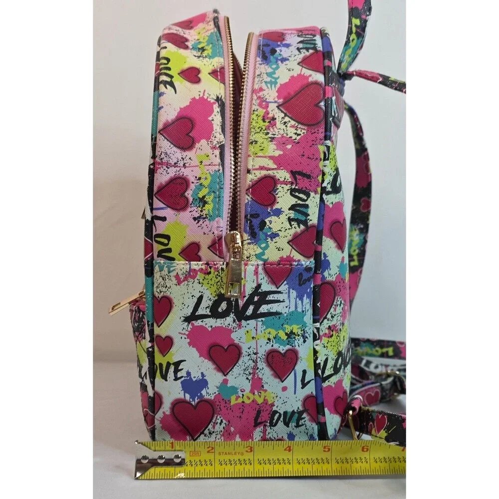 Under One Sky Love Heart Mini Backpack & Matching Zip Pouch Pink Graffiti Bag